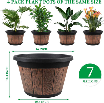 Quarut 4 Pack 10 inch Plant Pots,Upgrade Whiskey Barrel Planters with Drainage Holes & Saucer,Plastic Decoration Flower Pots Retro Design,Planters for Outdoor Indoor Garden Home Plants (Brown)
