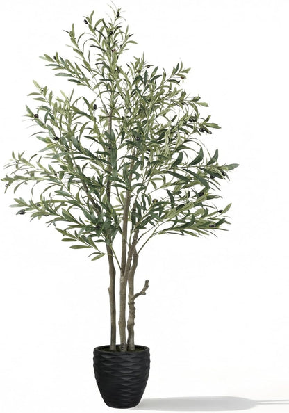 KOL 5.2ft Artificial Olive Tree Indoor, Tall Faux Olive Trees, Fake Olive Tree Floor Plant for Home Office Living Room Decor with Matte Black Pot