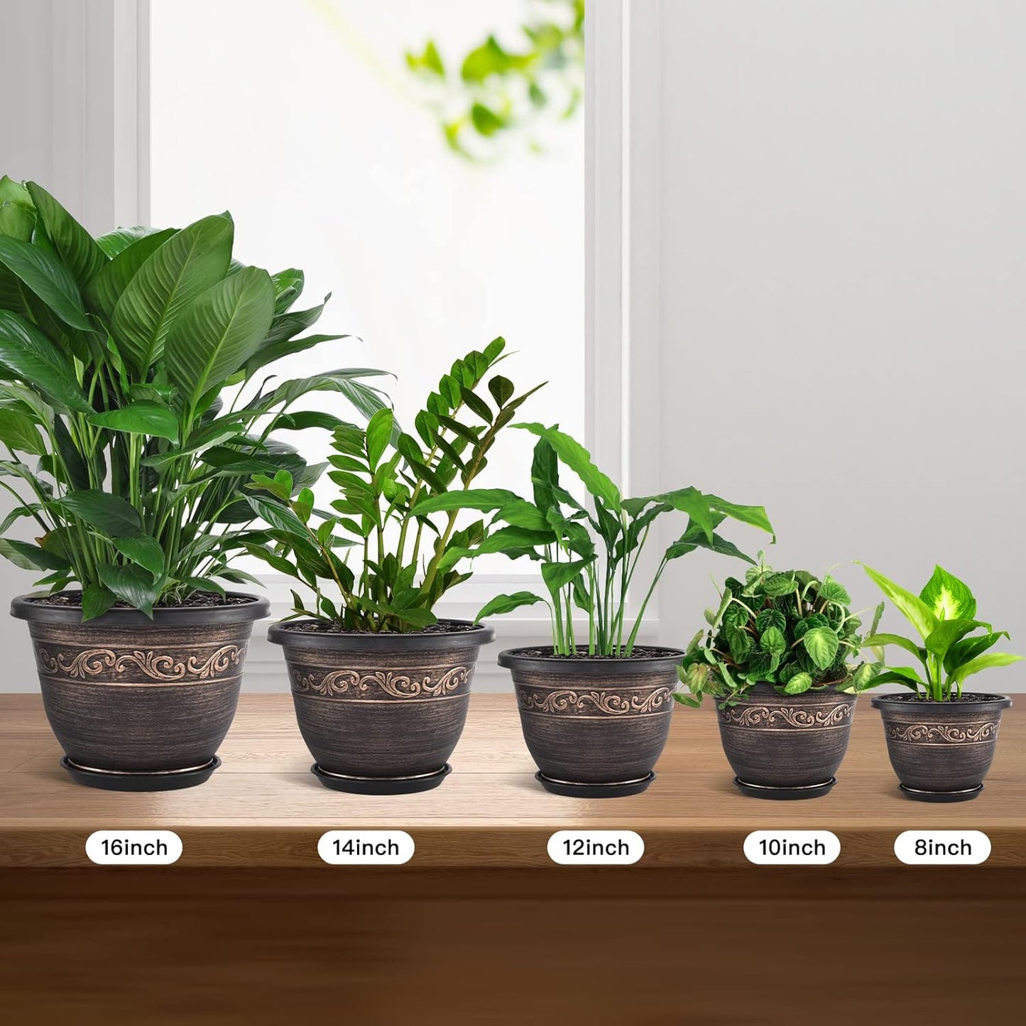 Plastic-Plant-Flower-Planters-8 Inch With Drainage Hole & Saucer, 6 Packs Lightweight Small Resin Flower Pot Indoor Outdoor, Retro Antique Imitation Decorative Garden Containers Sets For Houseplants