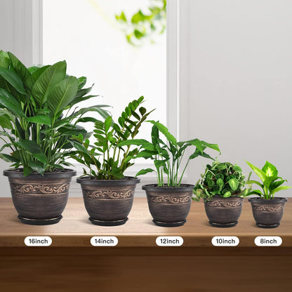 Plastic-Plant-Flower-Planters-8 Inch With Drainage Hole & Saucer, 6 Packs Lightweight Small Resin Flower Pot Indoor Outdoor, Retro Antique Imitation Decorative Garden Containers Sets For Houseplants