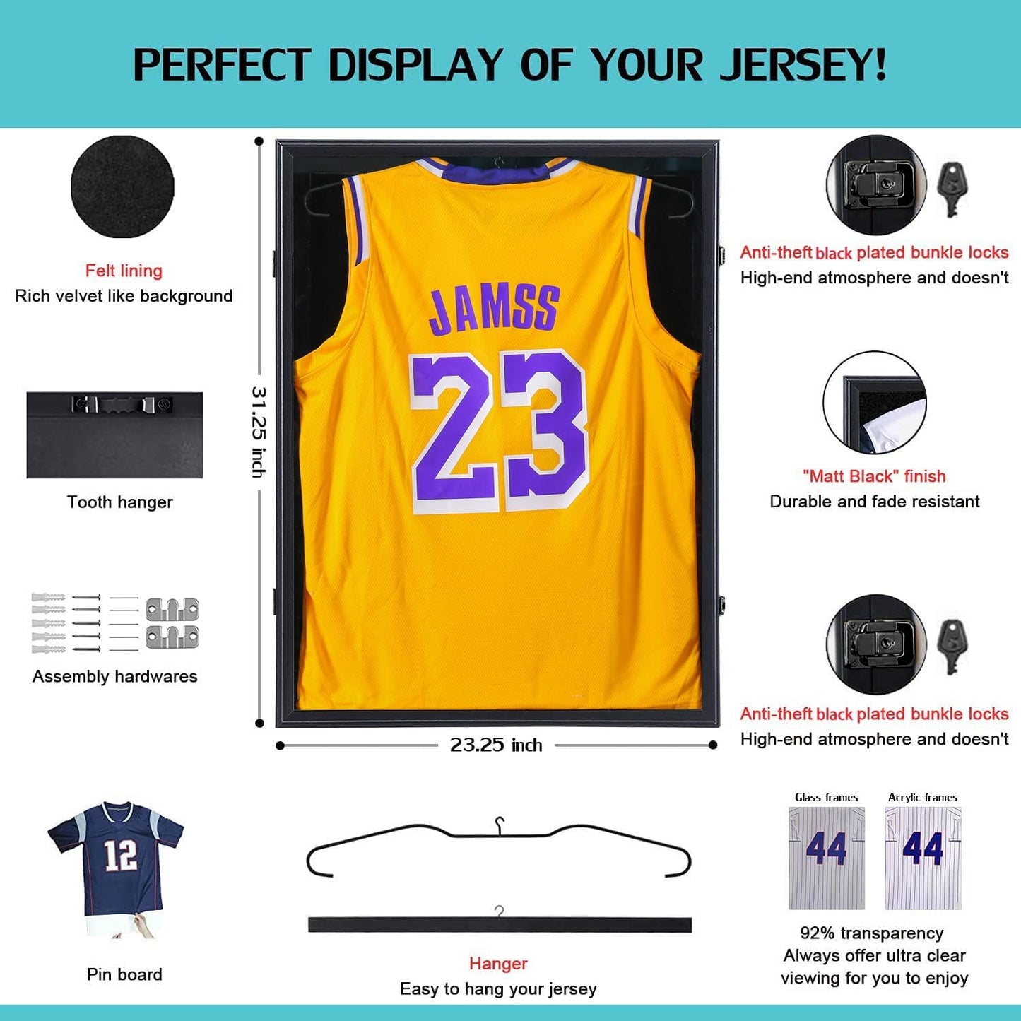 KCRasan Jersey Display Frame Case - Large Lockable Frames Shadow Box with UV Protection for Baseball Basketball Football Soccer Hockey Sport Shirt Matte Black Finish