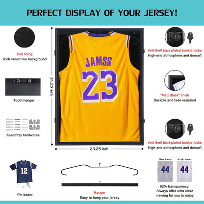 KCRasan Jersey Display Frame Case - Large Lockable Frames Shadow Box with UV Protection for Baseball Basketball Football Soccer Hockey Sport Shirt Matte Black Finish