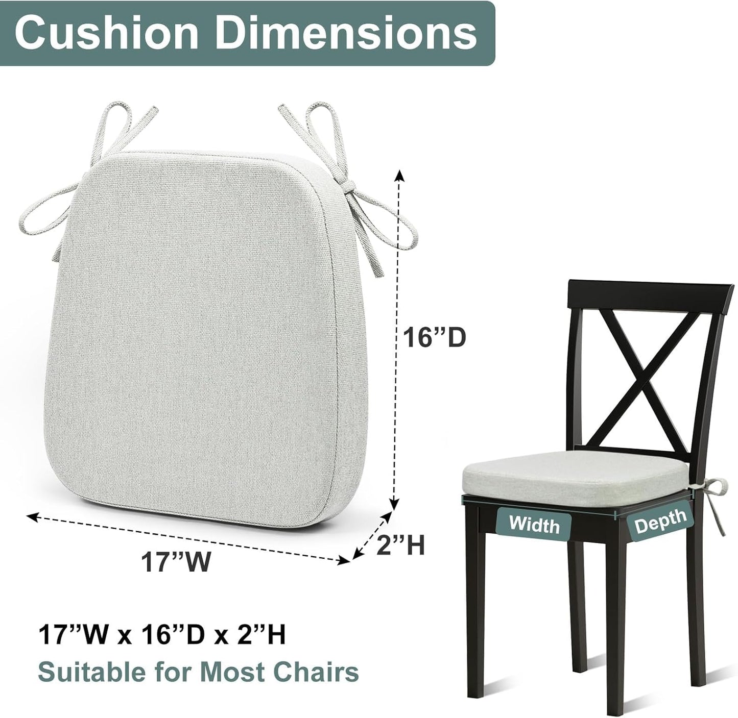 Shinnwa Dining Chair Pads, Patented Design Memory Foam Kitchen Chair Cushions with Ties and Washable Cover, 17" x 16" x 2", Black