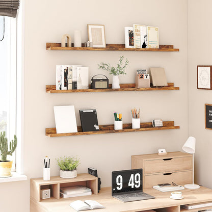 HOOBRO Floating Shelves, Wall Shelf Set of 3, 35.4 Inches Hanging Shelf with Raised Edge and Invisible Brackets, for Bathroom, Bedroom, Kitchen, Office, Living Room Decor, Rustic Brown BF90BJ01