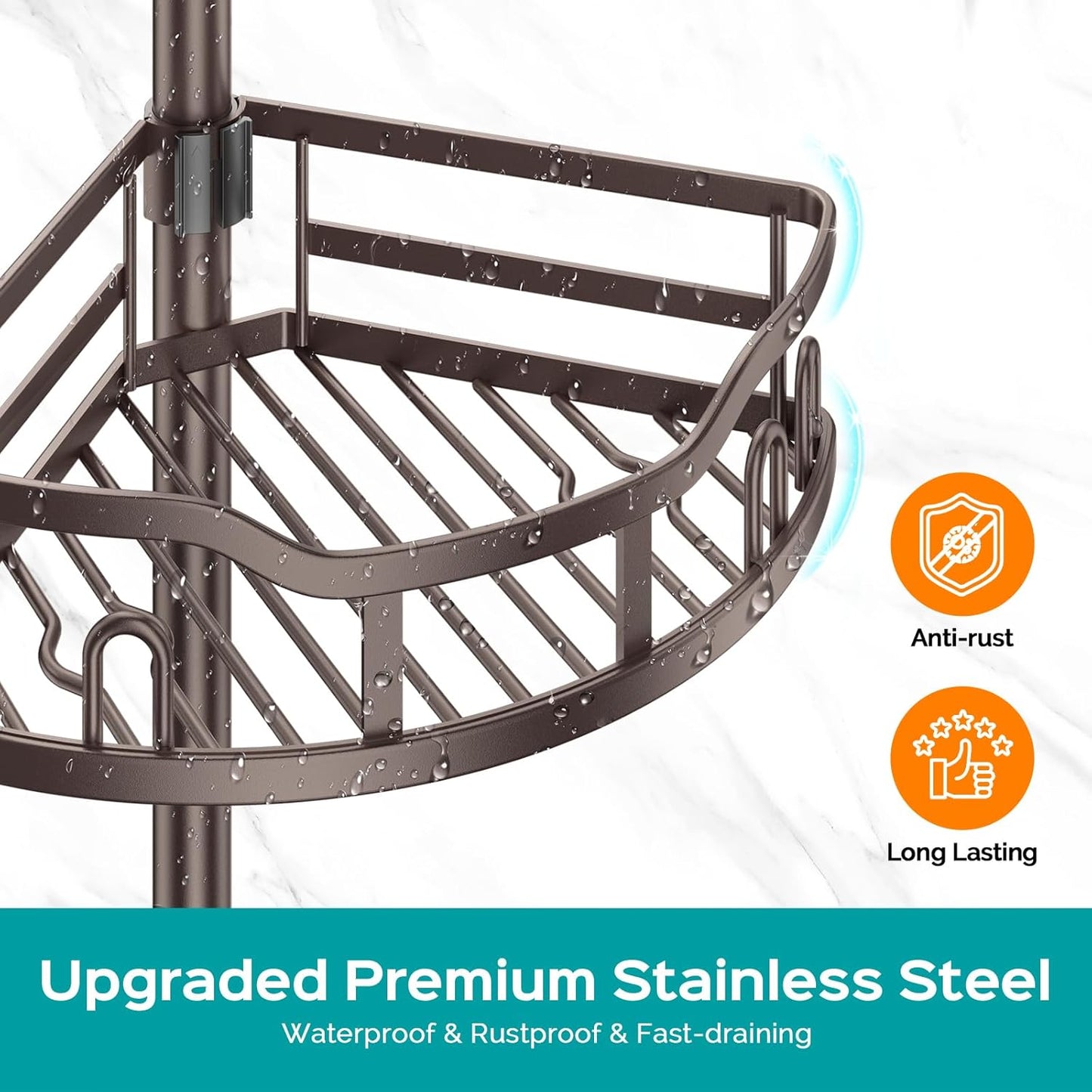 HAMITOR Corner Shower Caddy Tension Pole: Rustproof 4-Tier Bathroom Organizer Shelves for Bathtub Shampoo Storage - 47-121 Inch Quick Install Adjustable Rod Standing Rack with Soap Rack - Silver Gray