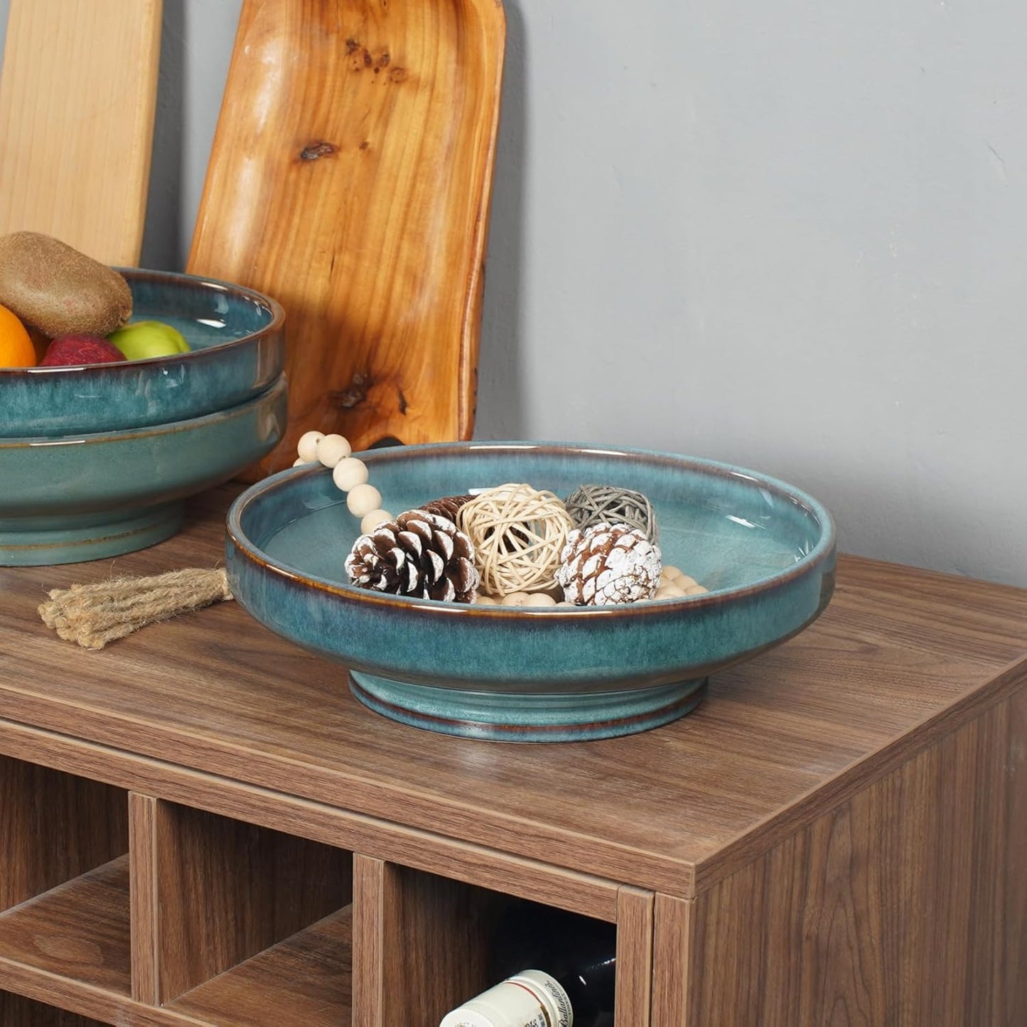 Ceramic Fruit Bowl for Kitchen Counter,Decorative Pedestal Bowl for Table Countertop,Large Footed Serving Bowl,10.2 Inch (peacock Green)