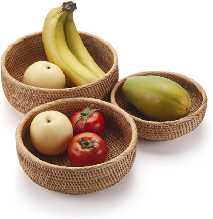 Round Rattan Fruit Baskets Woven Storage Bowls Key Holder Stackable for Shelf Kitchen Tabletop Natural Set of 3