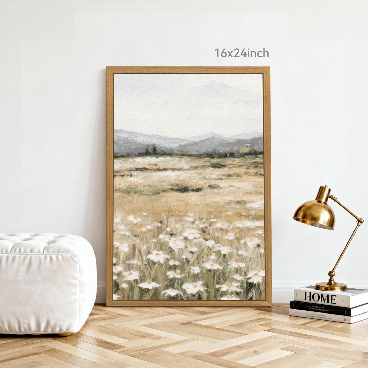 CAZLOUC White Wildflowers Wall Art Set of 3, Neutral Meadow Landscape Wall Decor, Minimalist Mountain Canvas Prints, Beige Rustic Field Paintings for Living Room Bedroom Wood Framed 12x16 Inch