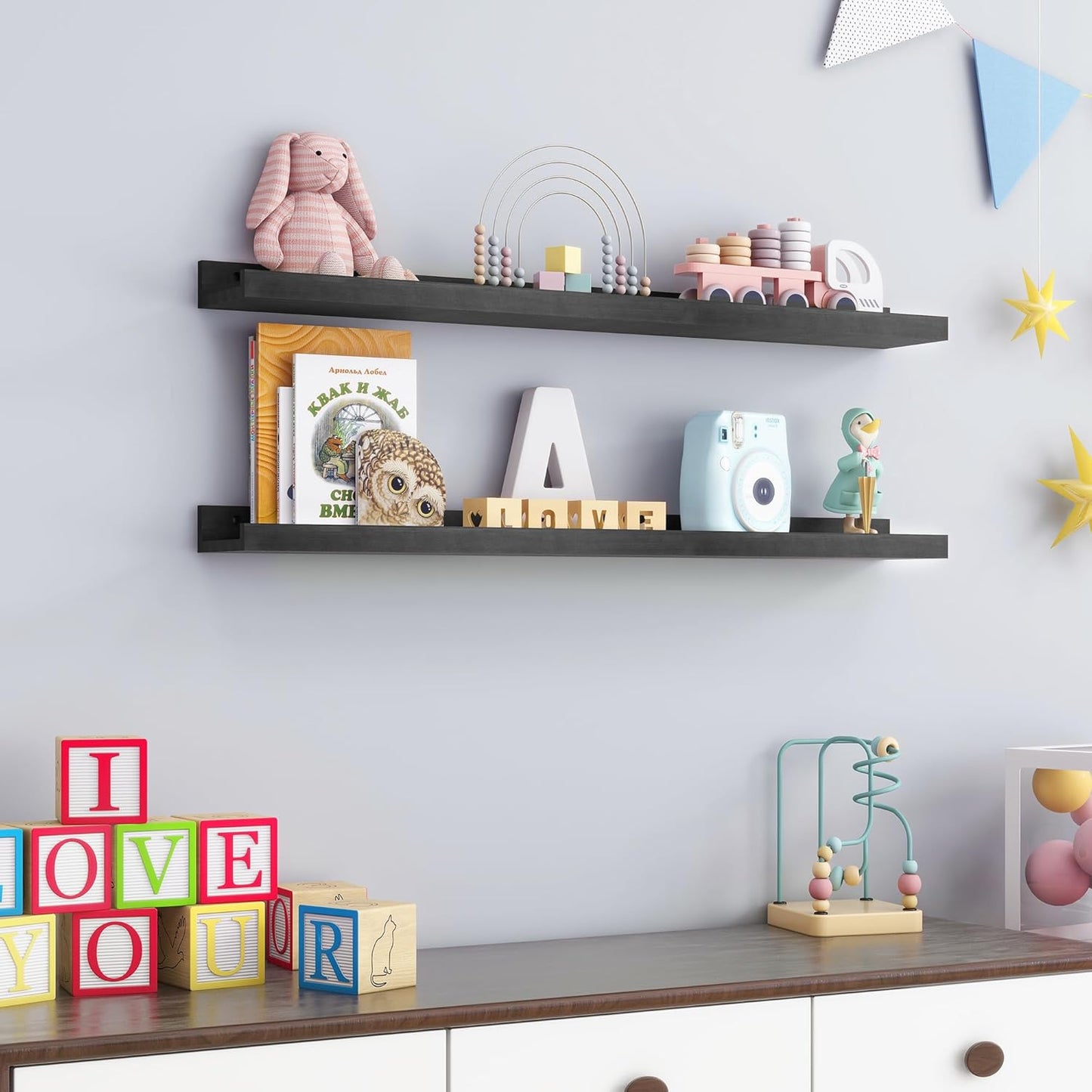 FLYJOE Picture Ledge Shelf, Floating Shelves Set of 2, Solid Pine Wood 55'' Long Large Nursery Book Shelves for Toys Storage, Kids Bookshelf for Living Room Bedroom Decor Books Photo Frames, Walnut