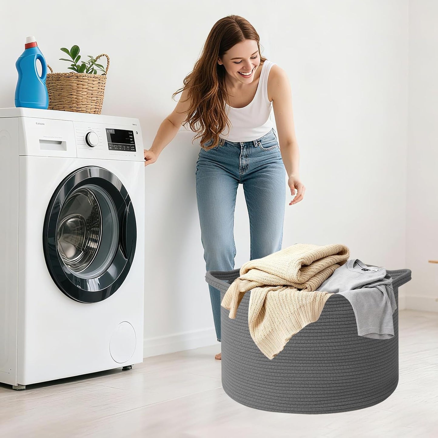 Large Woven Blanket Basket,65L Cotton Rope Laundry Basket Hamper with Handles, Decorative Nursery Basket Storage Bin for Toys, Clothes Organizer, Living Room, Bedroom, Bathroom, White & Brown