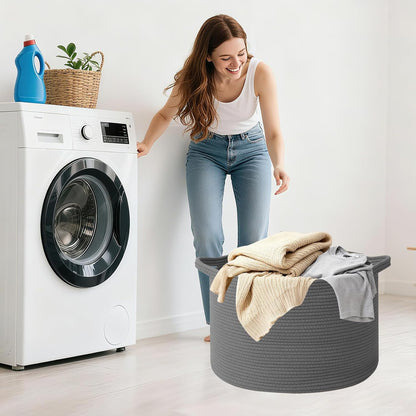 Large Woven Blanket Basket,65L Cotton Rope Laundry Basket Hamper with Handles, Decorative Nursery Basket Storage Bin for Toys, Clothes Organizer, Living Room, Bedroom, Bathroom, White & Brown