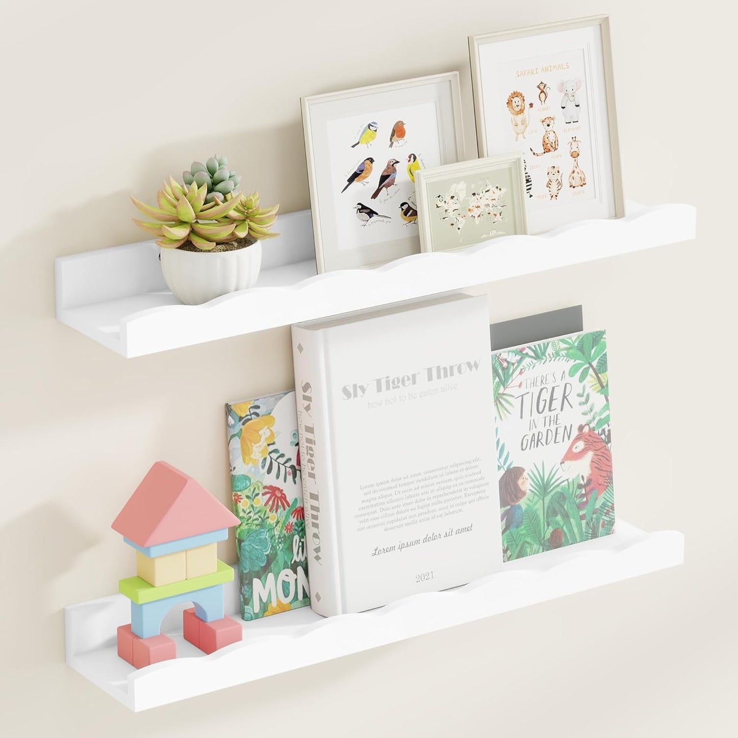 Fun Memories Picture Ledge Shelf for Wall, 24 inch Pine Wood Nursery Book Shelves Set of 2- Wall Book Shelves for Kids Room, Home Decor - Kitchen Spice-White
