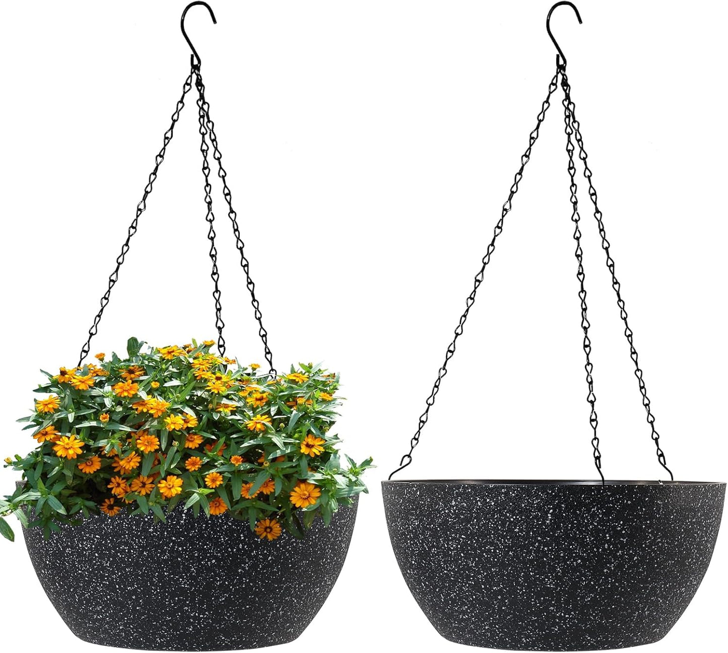WSMKSZ 10 inch Hanging Planters for Outdoor Indoor Plants with Drainage Holes and Chain, 2 Pack Round Hanging Flower Pots for Garden Home Porch Decor, Black