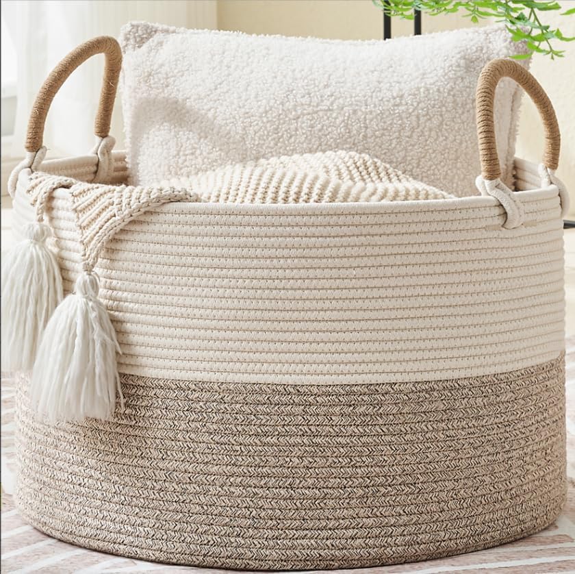 KAKAMAY Large Blanket Basket (20"x13"),Woven Baskets for storage Baby Laundry Hamper, Cotton Rope Blanket Basket for Living Room, Laundry, Nursery, Pillows, Baby Toy chest (White/Brown)