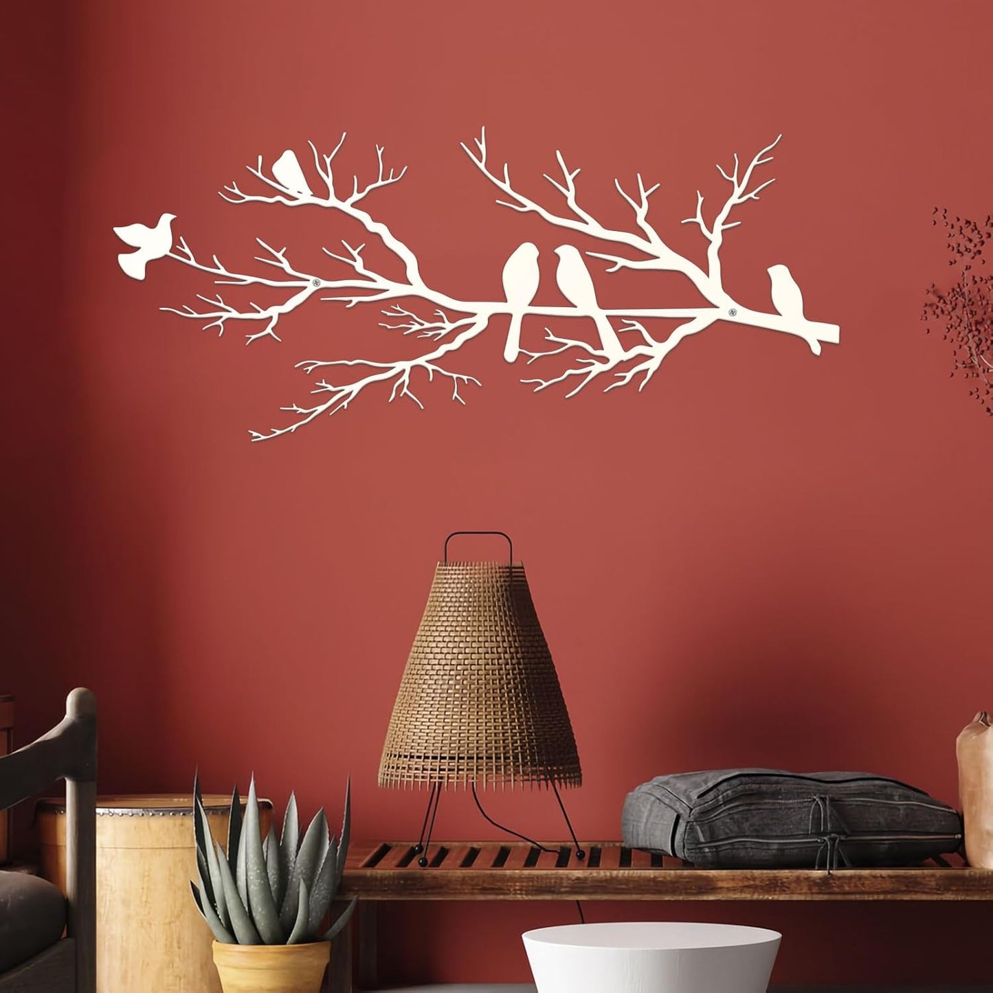 Metal Birds Wall Art, Metal Vivid Birds on Branch Silhouette Wall Decor Black Leaves with Bird Outdoor Hanging Wall Sculpture for Home Balcony Garden(Large)