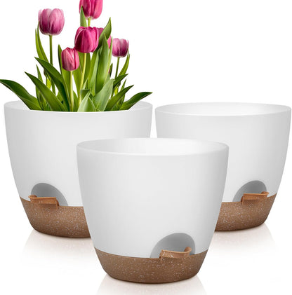 QRRICA Plant Pots 10/9/8/7.5/7 Inch Self Watering Pots, Set of 5 Plastic Planters with Drainage Holes and Saucers,Plastic Flower Pots,Nursery Planting Pot for Indoor Out Door Plants（Green）
