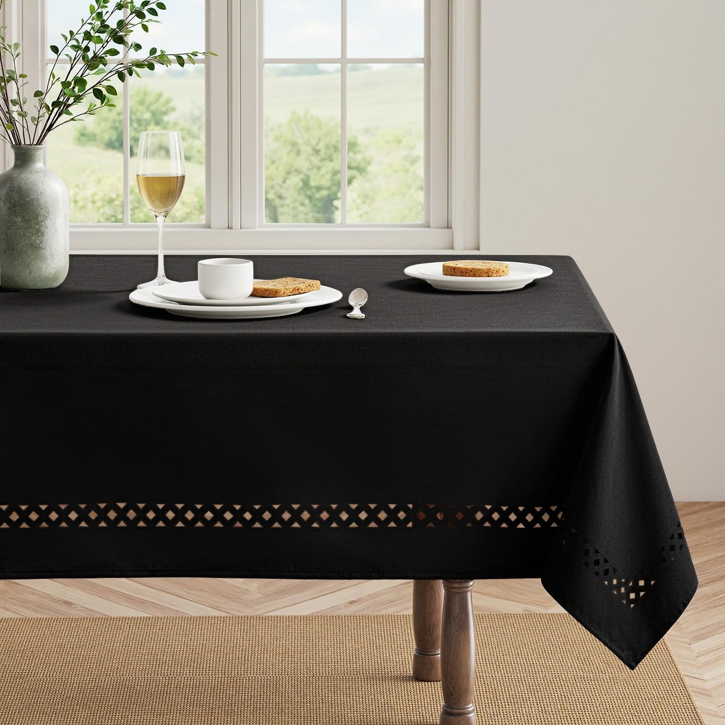 MIULEE Beige Rectangle Linen Polyester Tablecloth with Decorative Cutouts Spring Waterproof Stain Resistant & Shrink-Proof Table Cloth 52x70 inch Farmhouse Style for Dining Wedding and Outdoor