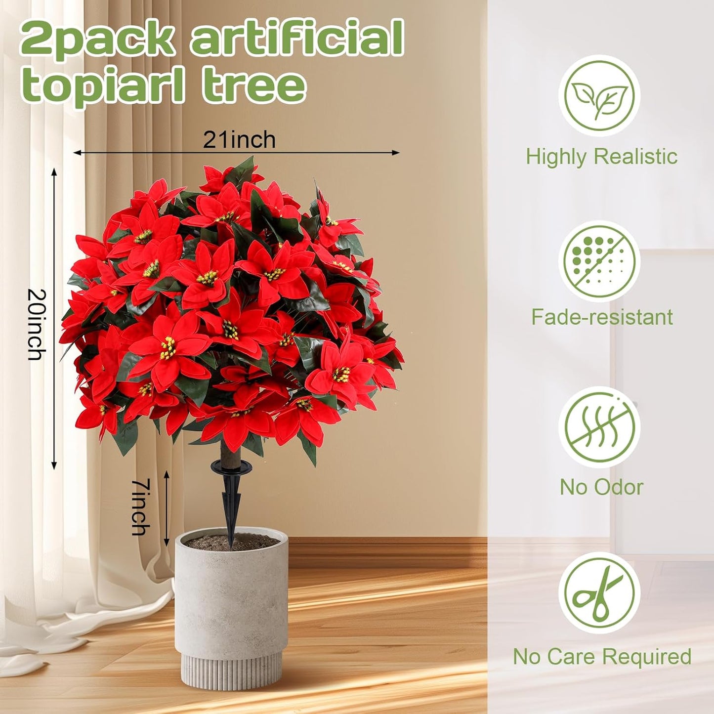 Artificial Red Eucalyptus Topiary Ball Tree 24" with Ground Spike, Set of 2 Artificial Boxwood Bushes for Faux Shrubs, Fake Evergreen Faux Plant for Indoor Outdoor Garden -UV Resistant–Fade-Proof
