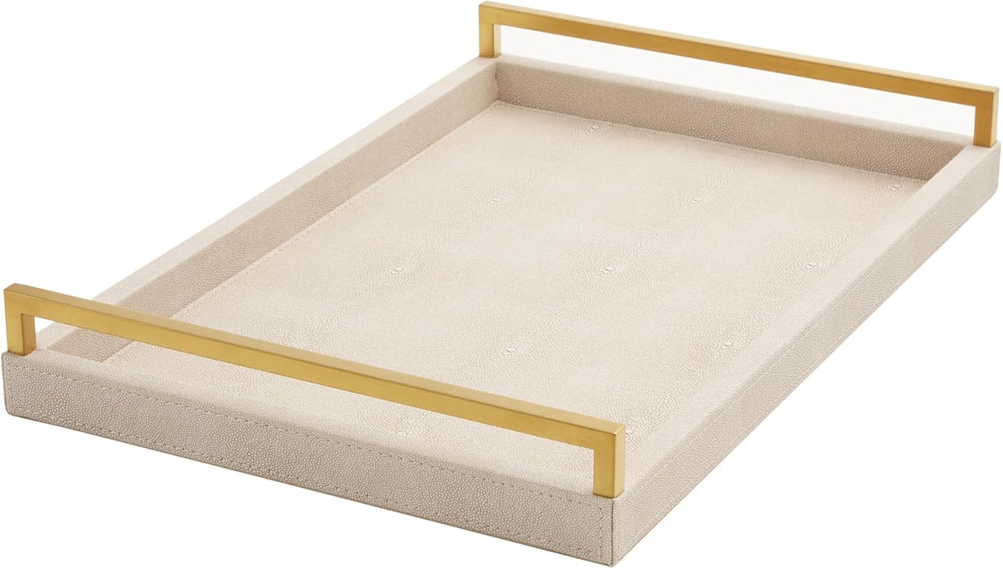 Ivory Shagreen Leather Serving Tray with Gold Handles-17.7x11.8 Inch Large Wooden Decorative Ottoman Tray fro Coffee Table, Kitchen, Dining, and Home Decor (Ivory)