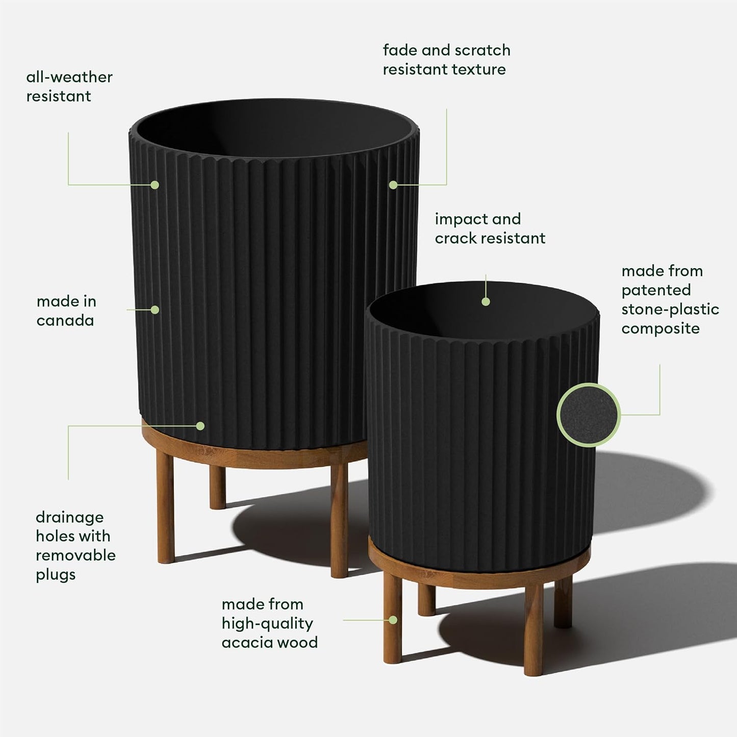 Veradek Demi Series Round Planter w/ Stand for Porch/Patio | Durable Plastic-Concrete & Wooden Stand | Modern Décor for Tall Plants, Flowers