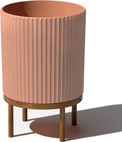 Veradek Demi Series Round Planter w/ Stand for Porch/Patio | Durable Plastic-Concrete & Wooden Stand | Modern Décor for Tall Plants, Flowers