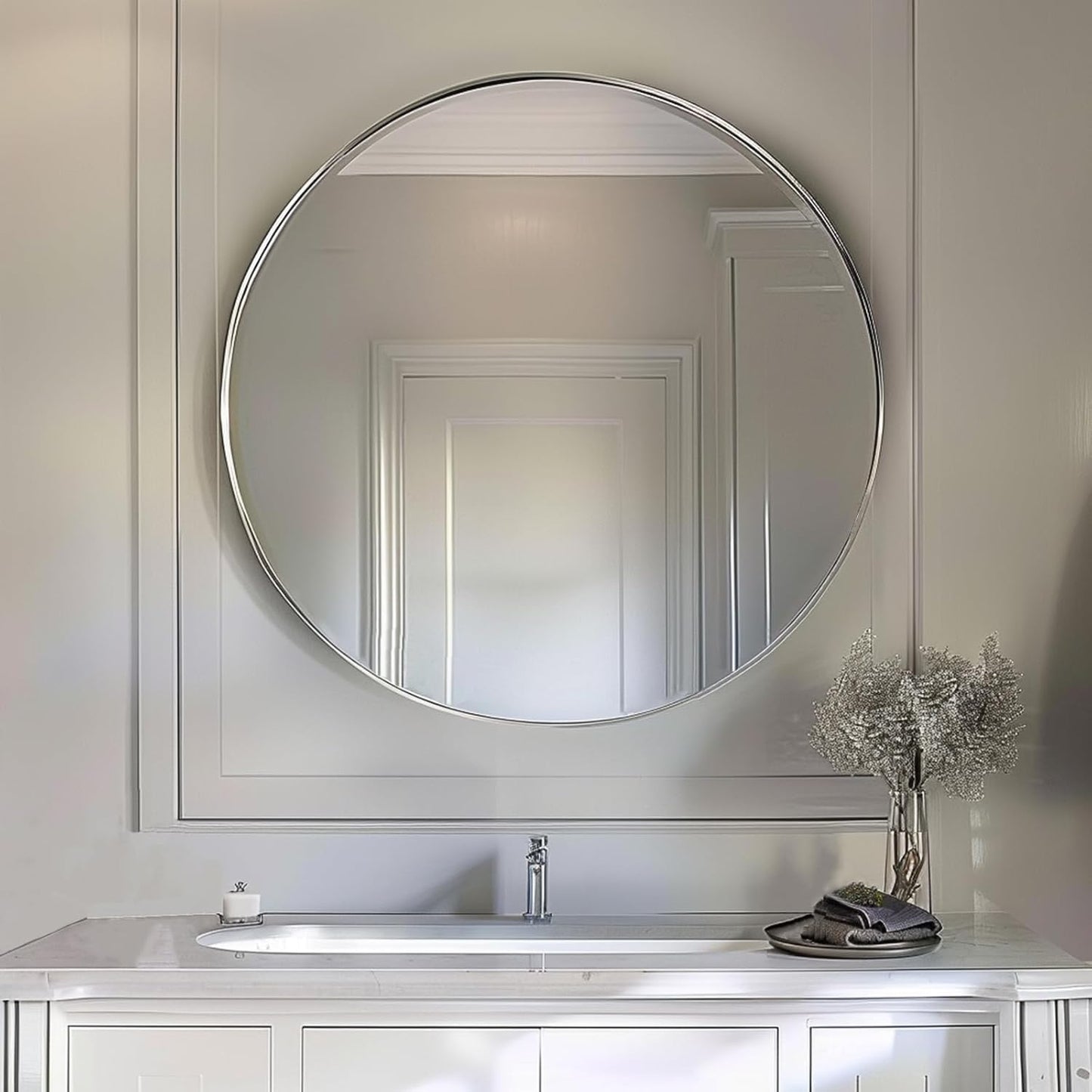Sunniry Black Round Mirror, Round Mirror 24 inch, Black Circle Mirrors Matte Metal Frame, Wall Mounted Mirrors for Living Room, Bathroom, Wall, Entryway.