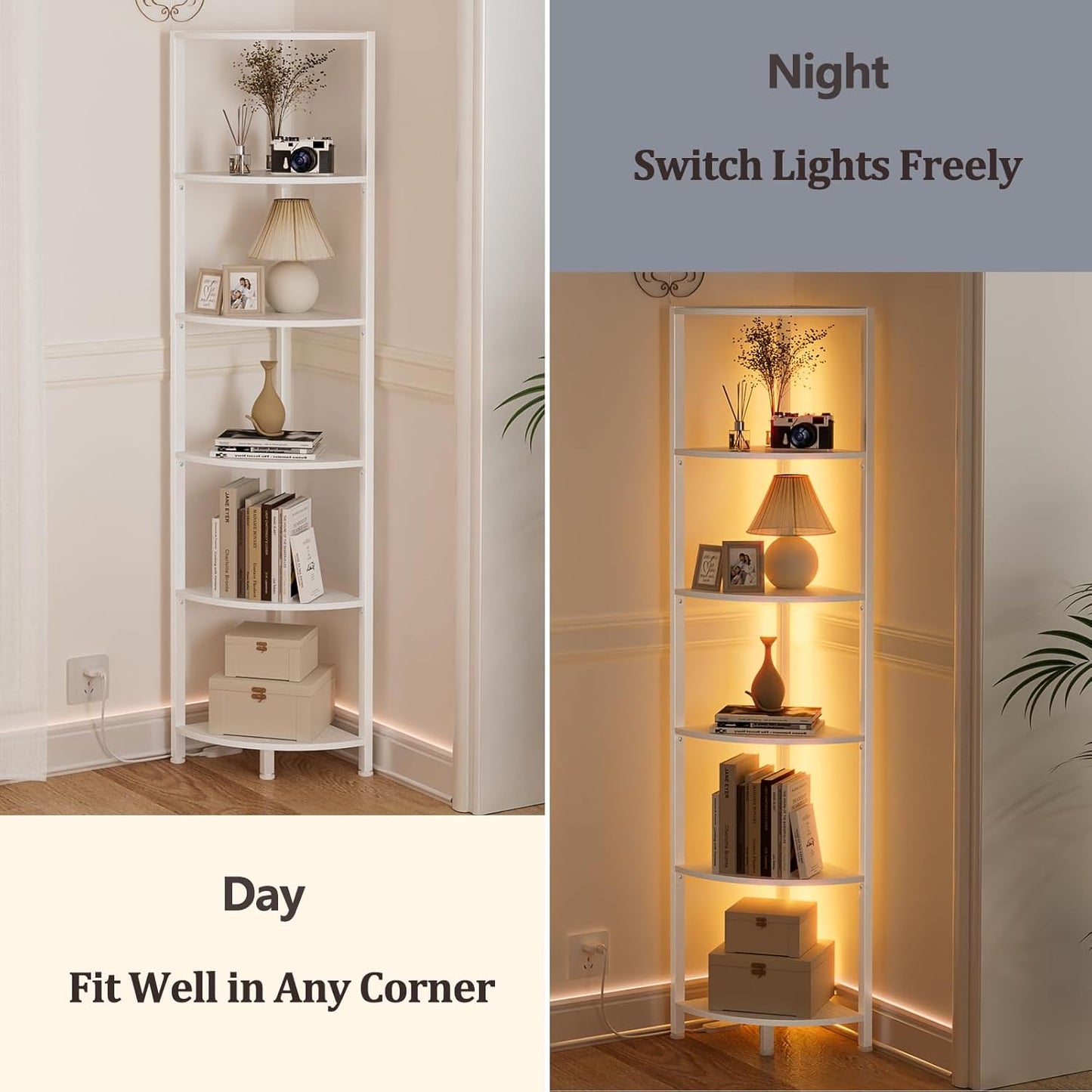 Furnulem 6 Tier Corner Shelf with LED Light, 67.5” Tall Standing Shelf Organizer, Black Narrow Bookshelf with Storage Rack for Wall Corner, Living Room, Bedroom, Metal Frame, Wood Display Shelf