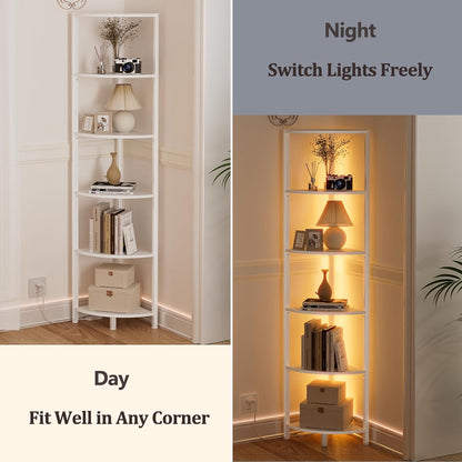 Furnulem 6 Tier Corner Shelf with LED Light, 67.5” Tall Standing Shelf Organizer, Black Narrow Bookshelf with Storage Rack for Wall Corner, Living Room, Bedroom, Metal Frame, Wood Display Shelf