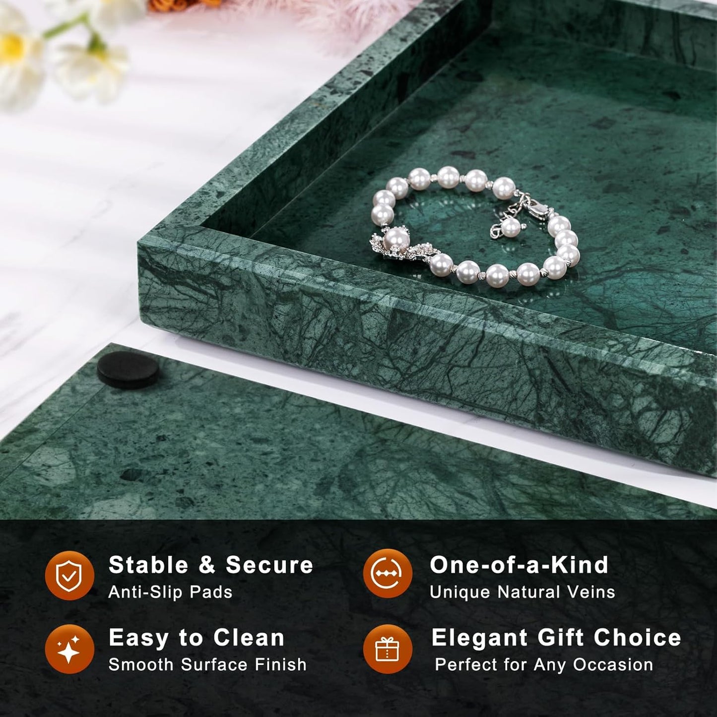 Marble Bathroom Tray for Countertop & Home Decor, Natural Decorative Marble Tray for Jewelry & Perfume Organizer, Luxury Stone Vanity Trays for Dresser, Kitchen Counter, 12" x 8", Gray Black