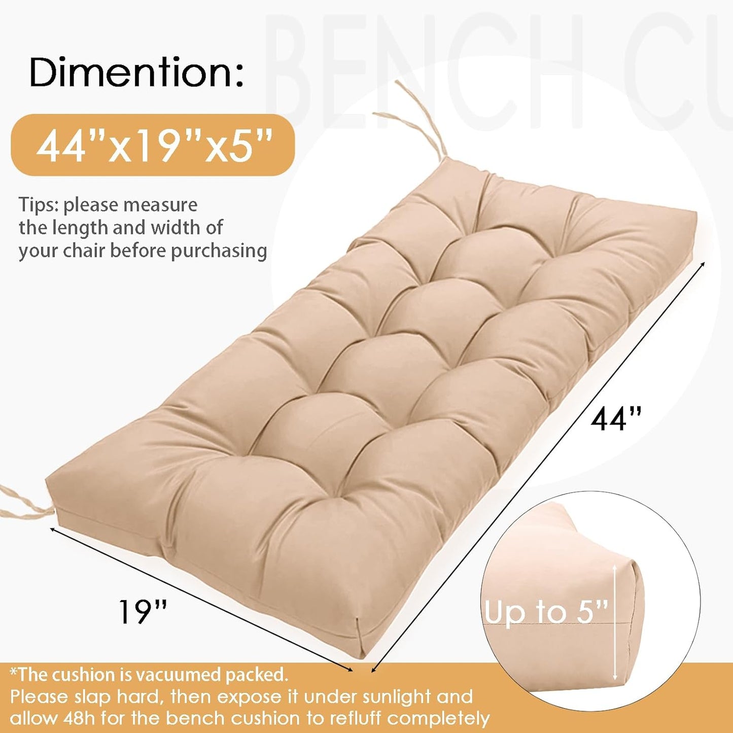 MTMR Outdoor Bench Cushion-44X19 Water-Repellent Tufted Porch Swing Cushions with High Elasticity PP Cotton and Ties Fade-Resistant Patio Outdoor Chair Cushion for Bench Furniture, Indoor Seat Cushion