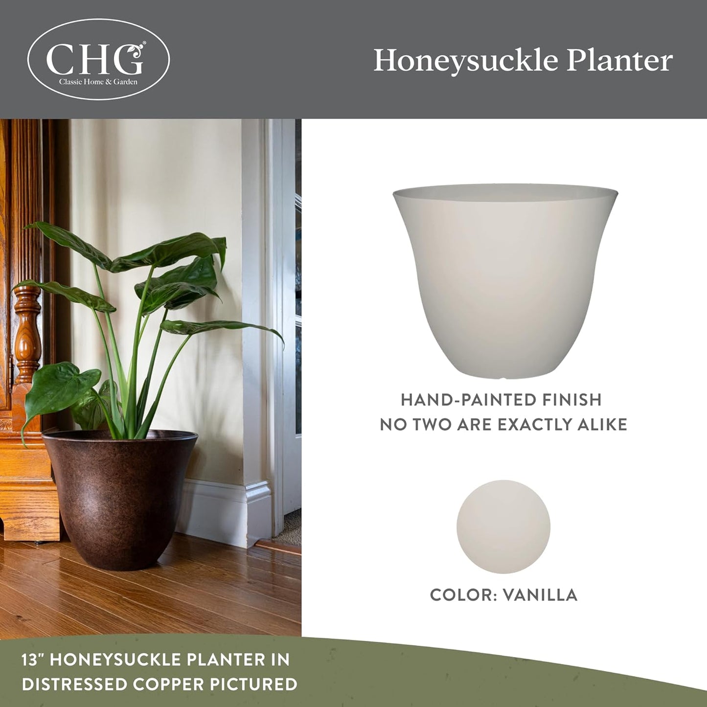 Classic Home and Garden Honeysuckle Resin Planters - Lightweight Indoor & Outdoor Plant Pots - UV-Resistant Plastic Flower Pots - Pot Planters for Flowers & Herbs (15" Distressed Copper)