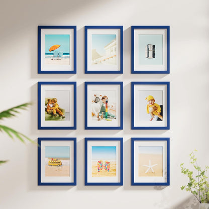 Vittanly 8x10 Picture Frames Set of 9, Shatter Resistant Plexiglass, Display 5x7 Pictures with Mat or 8x10 without Mat, Photo Frames for Wall or Tabletop, Engineered Wood, Black - Colors B
