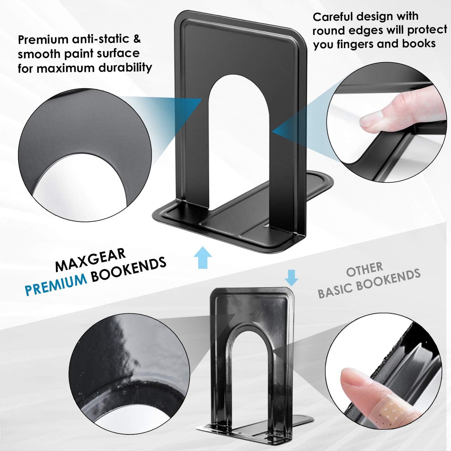 MaxGear Premium Matte Painted Book Ends, Heavy Duty and Sturdy Bookends for Shelves, Office Non-Skid Metal Book End Stopper for Books/CDs/DVDs, 6 x 4.6 x 6 in, Black, 2 Pairs/4 Pieces, Large