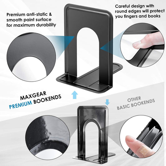 MaxGear Premium Matte Painted Book Ends, Heavy Duty and Sturdy Bookends for Shelves, Office Non-Skid Metal Book End Stopper for Books/CDs/DVDs, 6 x 4.6 x 6 in, Black, 2 Pairs/4 Pieces, Large