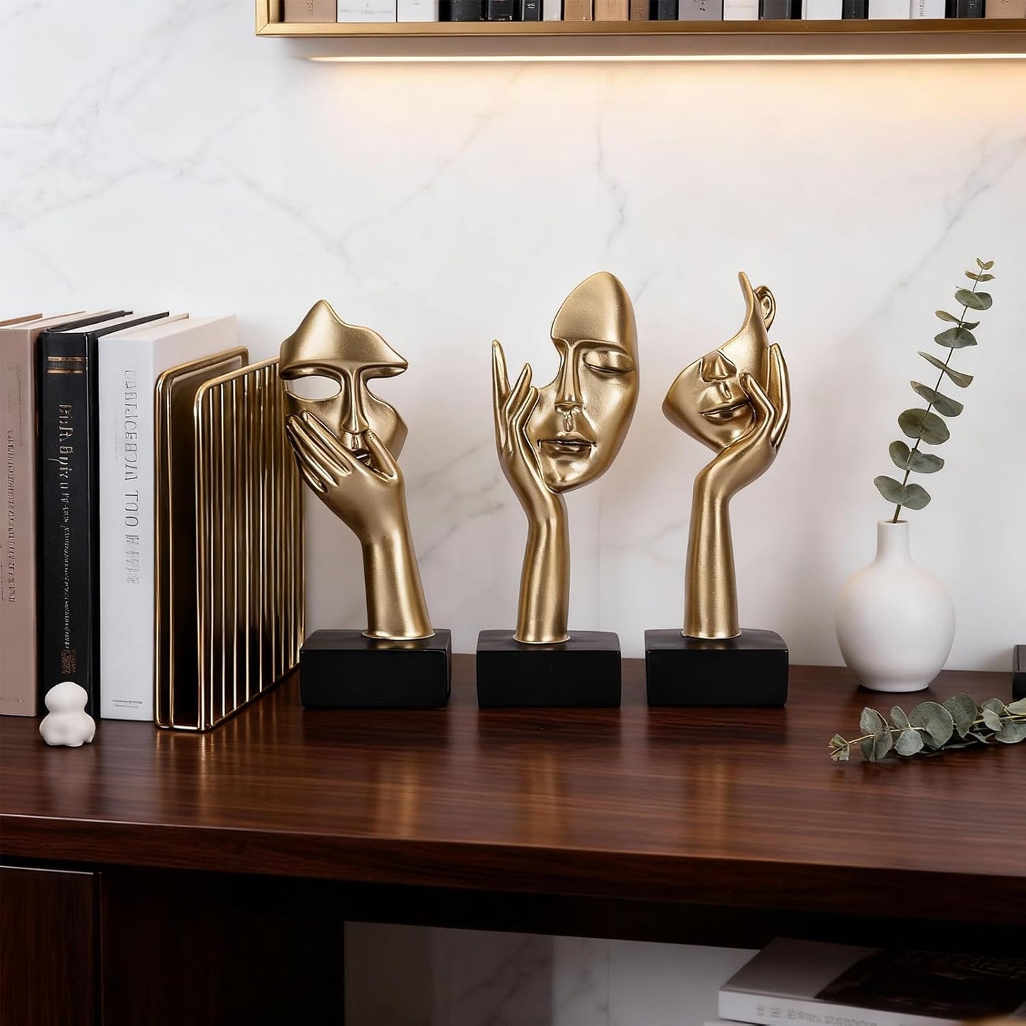 3 Pcs Thinker Small Statue Set - Black Gold Home Decor Abstract Art Figurines for Shelves, Living Room Coffee Table, Office Desktop (3 Pcs Gold, 6")