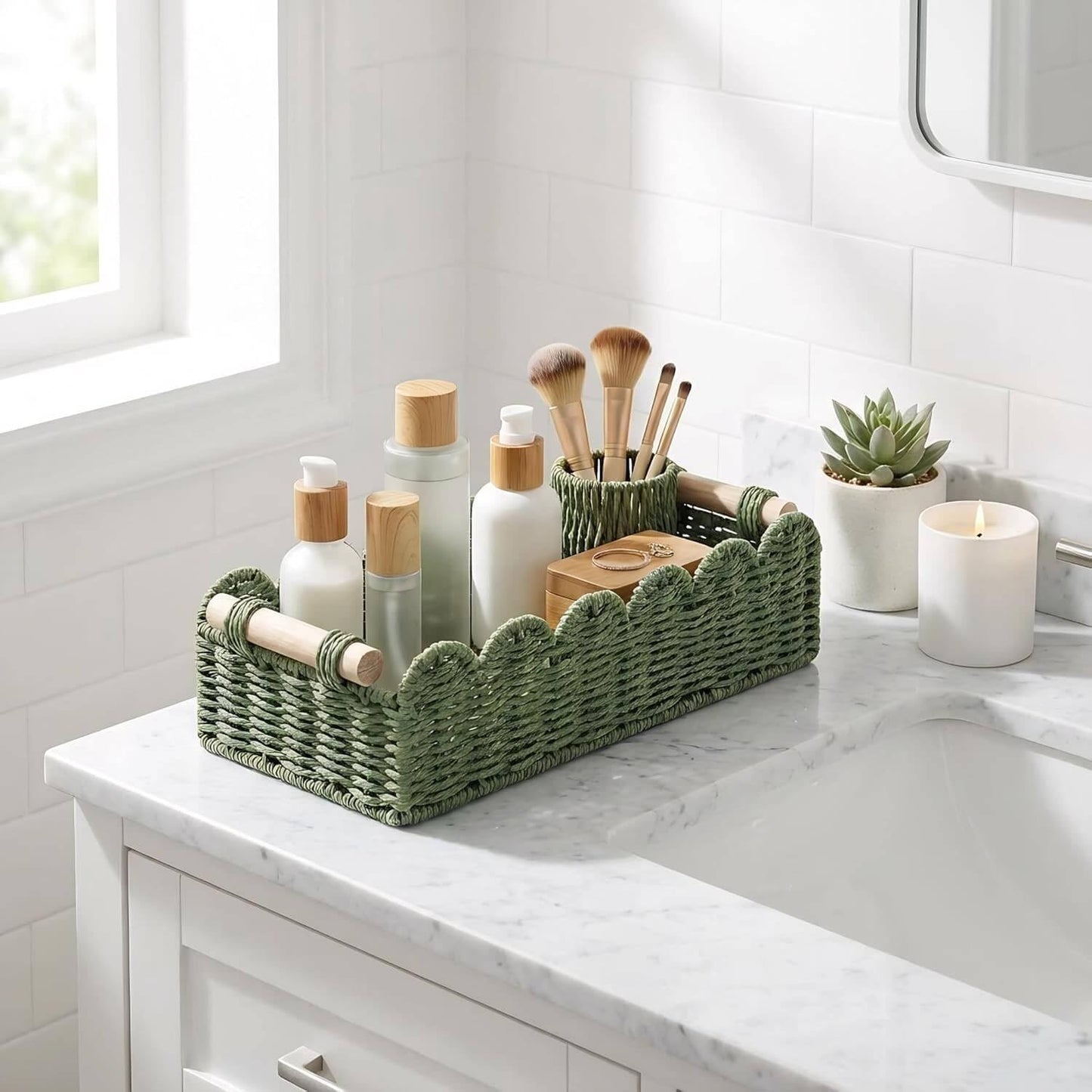 CubesLand Paper Rope Scalloped Edge Toilet Paper Storage Basket, Small Living Room, Bedroom Decor Baskets for Over Toilet Storage Shelf, End Table, Shelves and More, with 2 Wooden Handle, Neutral
