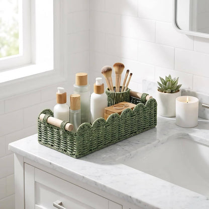 CubesLand Paper Rope Scalloped Edge Toilet Paper Storage Basket, Small Living Room, Bedroom Decor Baskets for Over Toilet Storage Shelf, End Table, Shelves and More, with 2 Wooden Handle, Neutral
