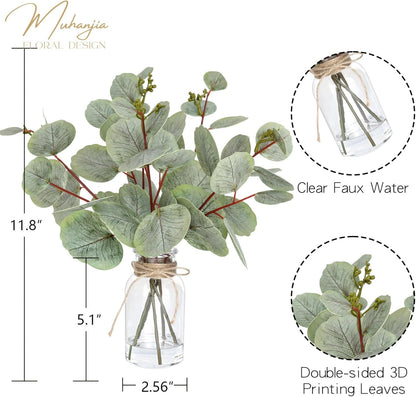 Muhanjia Artificial Eucalyptus Stems in Glass Vase with Faux Water,3Pcs Fake Plant with Double-Sided Green Leaves for Centerpiece(Double-Sided Green Eucalyptus)