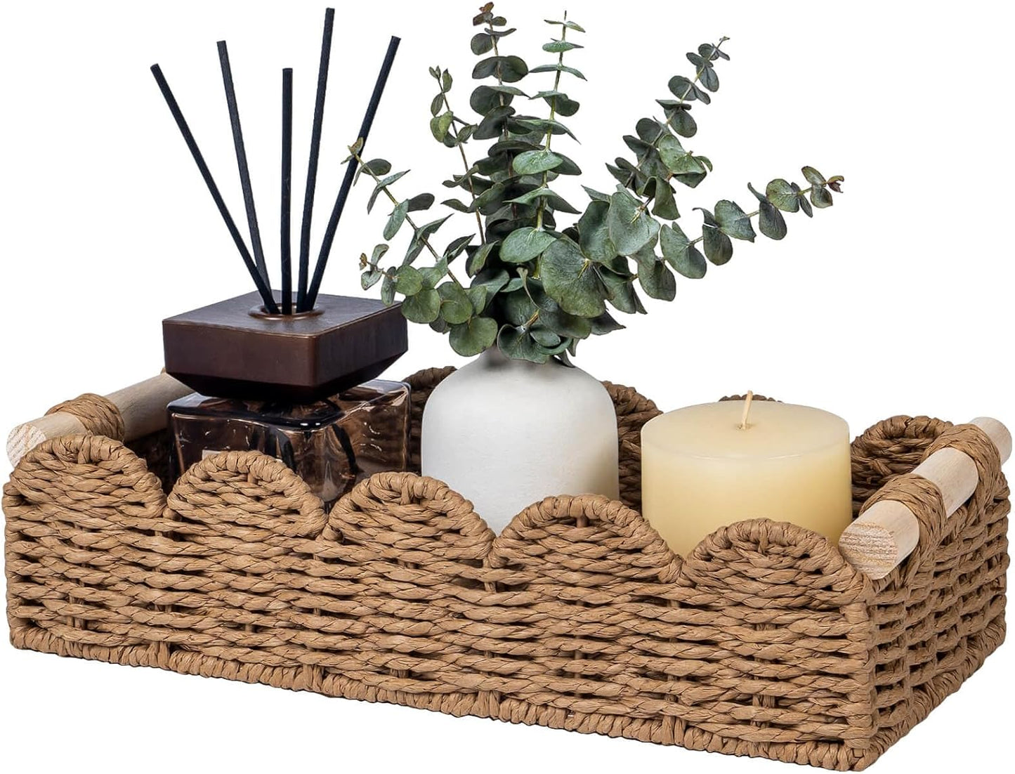 CubesLand Paper Rope Scalloped Edge Toilet Paper Storage Basket, Small Living Room, Bedroom Decor Baskets for Over Toilet Storage Shelf, End Table, Shelves and More, with 2 Wooden Handle, Neutral