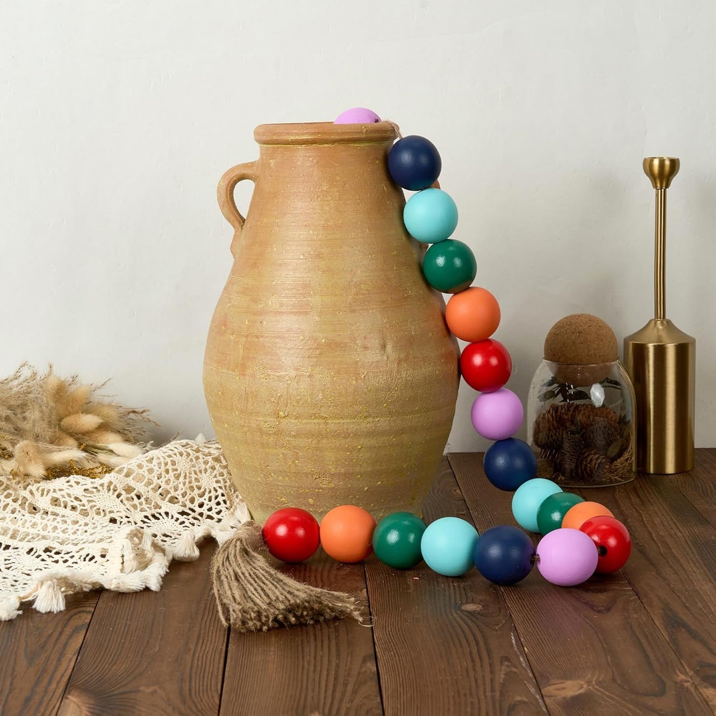 OMISHE Extra Large Wood Bead Garland with 1.6" Diameter Wooden Beads and Tassels, 41" Long Rustic Farmhouse Country Decorative Beads for Home Tiered Tray Decor, Natural Beige