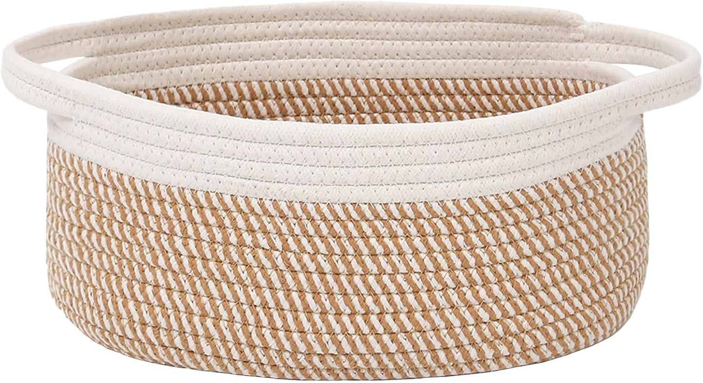 JMvicyroam Woven Basket,Small Rope Storage Bin with Handles & Ribbon Bag, Organizer for Shelves Closets,Gift Basket Empty for Birthday,Books,Dog Toys,White