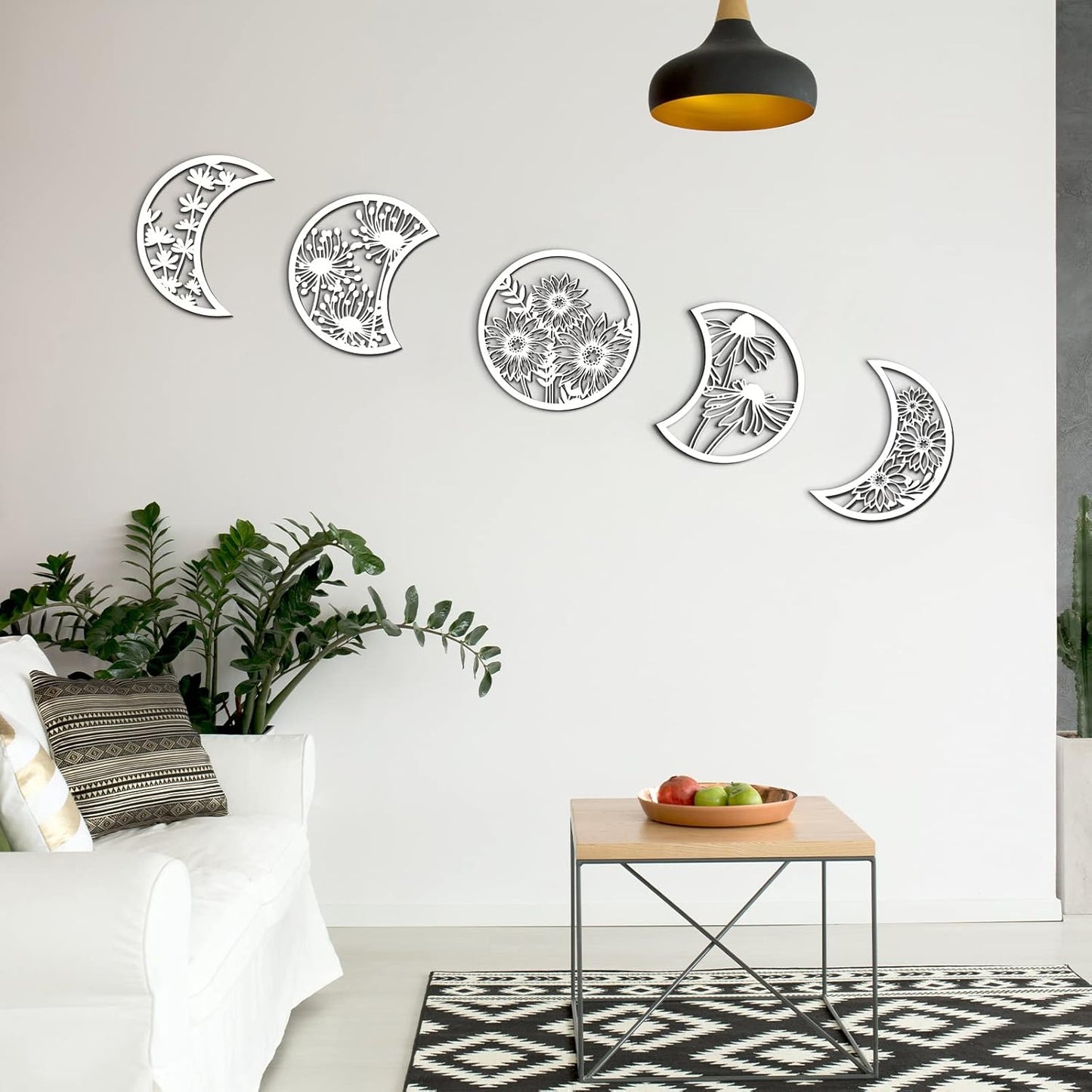 Jetec 5 Pcs Moon Phase Wall Art Decor Wall Pediments Hanging Wooden Phase Spiritual Bedroom Nordic Boho Lunar Aesthetic Art for Living Room Dorm Apartment Ornament(Brown,10.6 Inch,Botanical)