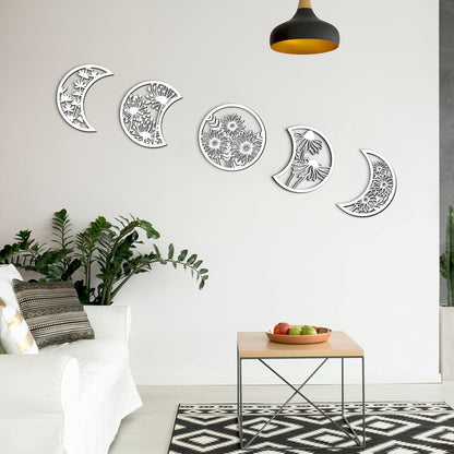 Jetec 5 Pcs Moon Phase Wall Art Decor Wall Pediments Hanging Wooden Phase Spiritual Bedroom Nordic Boho Lunar Aesthetic Art for Living Room Dorm Apartment Ornament(Brown,10.6 Inch,Botanical)