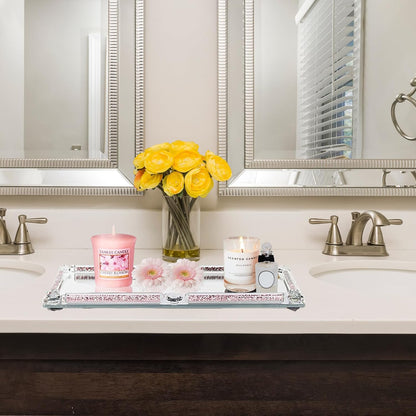 Crystal Glass Tray, Modern Mirror Jewelry Dresser Trinket Trays with Crushed Diamond, 11.8" x 7.9"Rectangular Makeup Perfume Tray for Bathroom Bedroom, Home Decor, Hotel Banquet, Party(Silver)