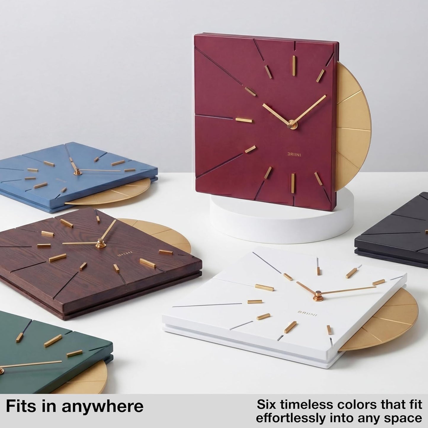Driini Clocks Mid Century Modern Wall Clock - Square Green Clock with Decorative Gold Accent- Unique and Cool Clock, Battery Operated - MCM Decor & Decorative Wall Clock for Mid Century Modern Decor.