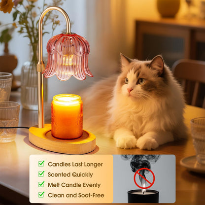 Candle Warmer Lamp Adjustable Timer - Electric Flower Glass Candles Warmers Adjustable Height Dimmable Vintage Base Modern Wax Candles Top Warmers for Small Jar Scented Wax Melts