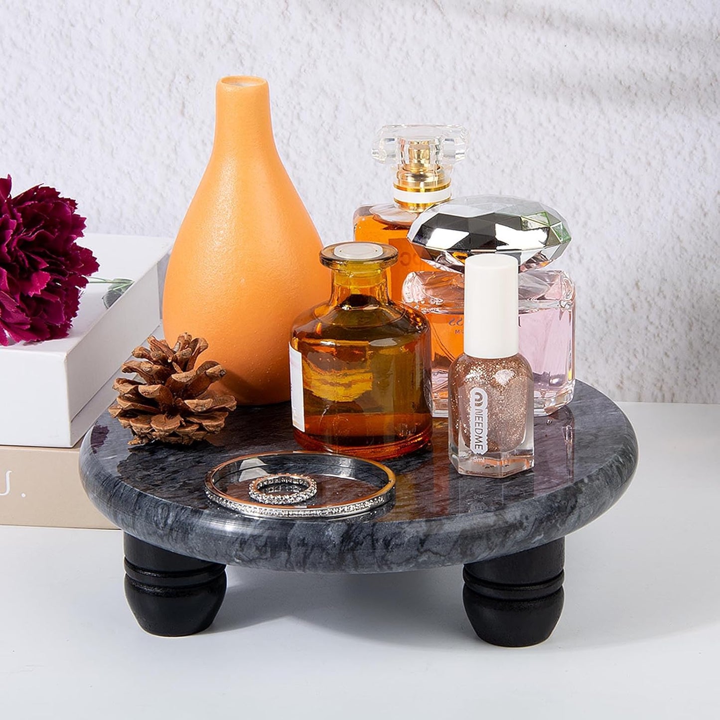 Decorative Round Marble Riser for Display,Marble Pedestal Tray for Home,Kitchen and Bathroom Countertop Organizer Counter Decor Tray.The Decorative Tray Non-slip,Stable（Black Gray）