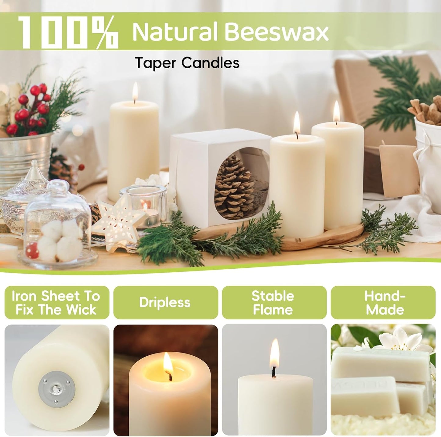 6 Pack Natural Beeswax Pillar Candles,100% Pure Beeswax Candles-210 Hours Long Burning,Organic Bees Wax Candles for Home,Emergency,Prayer,Parties,Unscented Dripless Smokeless Beeswax Candle Bulk 2x4in