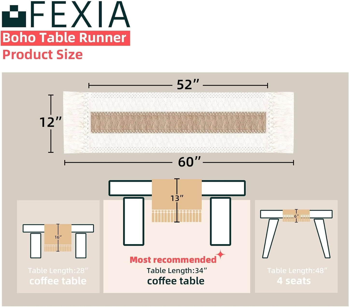 FEXIA Boho Table Runner for Thanksgiving Fall Christmas Home Decor with Tassels 72 Inches Long Pottery barn Furniture Farmhouse Rustic Macrame Burlap Table Decoration for Living Room (12x72 Inches)