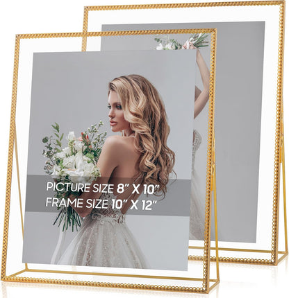 Gold Floating Picture Frame Set of 2, 10"x12" Glass Pressed Flower Picture Frames, Tabletop Standing Glass Floating Frame for 8x10 Photo Display